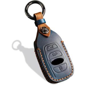 Leather Key Fob Cover, Compatible with Subaru Forester CrossTrek Outback Ascent Legacy Impreza WRX BRZ STI, etc, Retro Style No Screw Design Smart Key Holder Protector(4 Button, Blue)