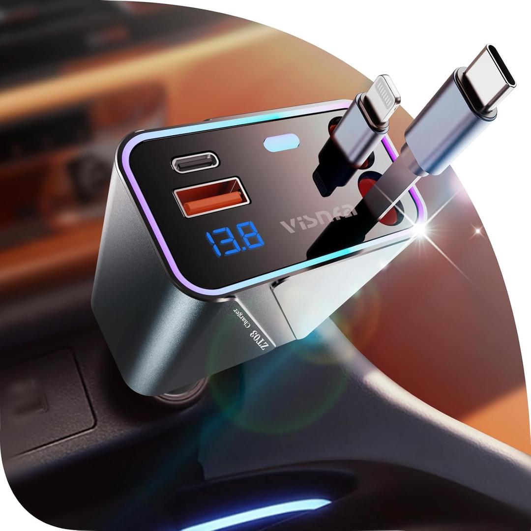 Retractable Car Charger [168W Max 2.9FT USB C Car Charger Adapter] Fast Charging Compatible with iPhone 16 15 14 13 12, Samsung, Gray (Cord for apple+Type C)