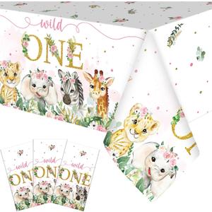 Newwiee 3 Pack Wild One Safari Birthday Tablecloths - Jungle Theme Supplies, Animal Table Cover for 1st Baby Birthday Decorations (Pink)