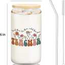 2 x Teacher Glass Cup with Lids and Straws 14oz, Back to School Teacher Gifts, Teachers Appreciation Gift for Women Glass Iced Coffee Tumbler Drinking Jars with Cleaning Brush