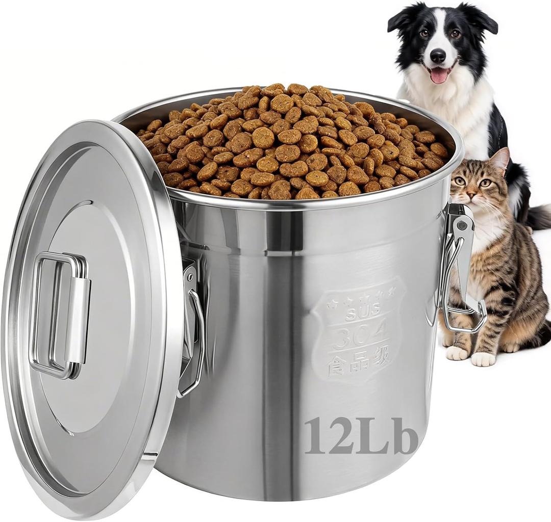 304 Stainless Steel Dog Food Storage Containers with Airtight Lid and Locking Clamp, Fits up to 12Lbs, Large Pet Food Storage Container Metal Pet Food Bin for Dogs, Cats & Birds Seed, Keep Fresh