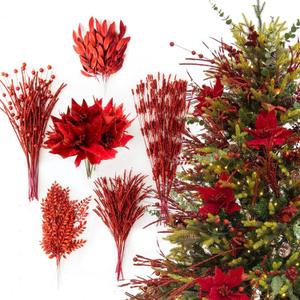 PARTY JOY 54 Pcs red Glitter Artificial Cedar Sprigs Picks Faux Cedar Branches Stems Christmas Tree Picks Sprays for Gold Christmas Tree Wreath Wedding Bouquet Winter Seasonal Holiday Decoration