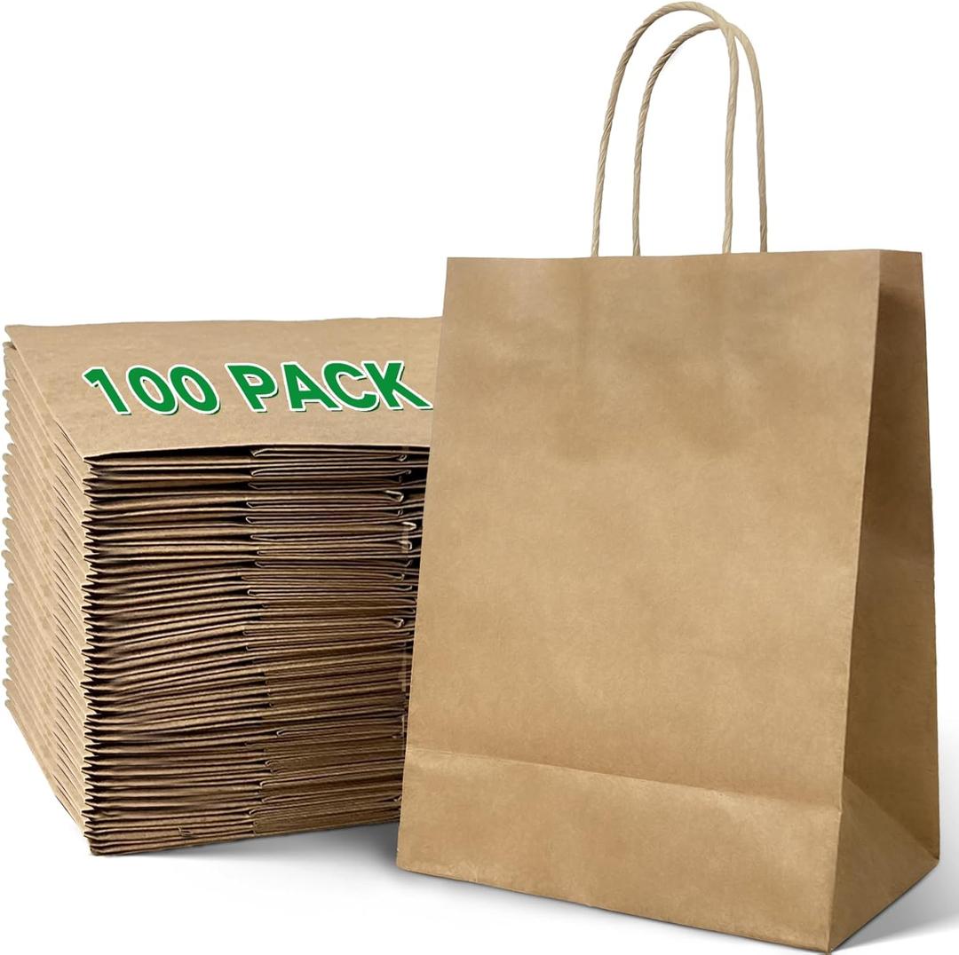 LAMJAMANER Medium Kraft Paper Bags with Handles, Brown Paper Gift Bags, 7.87x4.3x10.6 Inch, 100Pcs, Any Occasion, Wedding, Birthday, Baby Shower