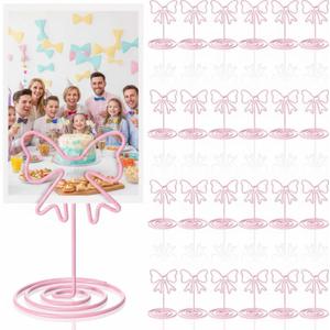 SiliFine 24 Pcs Pink Bow Photo Holders Table Number Photo Clips Holder 1.96 x 1.45'' Pink Bow Decoration Name Place Card Stand for Centerpieces Wedding Reception, Party, Birthday