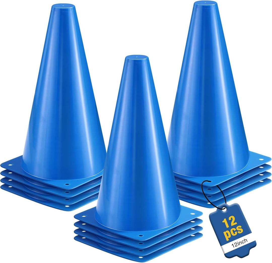 12 Inch Durable Cones,12pcs Versatile Plastic Traffic Cones and Soccer Cones for Sports Training,Agility Drills,Parking Safety,Basketball Training,Football Training. (blue)