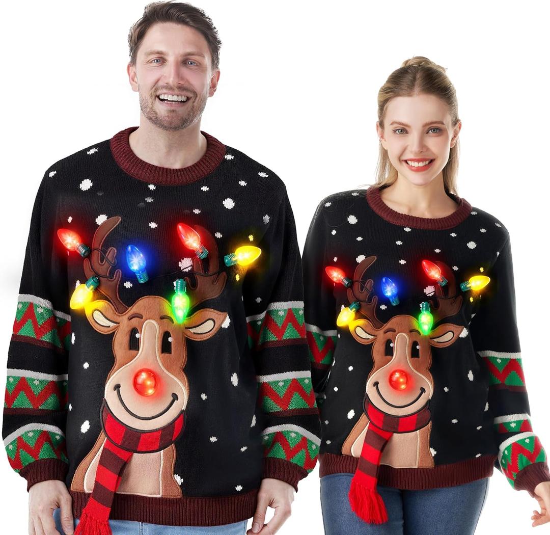 Christmas Sweaters Reindeer Ugly Sweater with Light Bulbs (X-Large)
