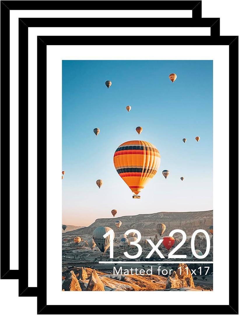 JCJMY 13x20 Picture Frame with 11x17 Mat Set of 3, Display Photo 11x17 with Mat or 13 x 20 Without Mat, Wall Hanging Large 13 by 20 Poster Frame with Plexiglass, 3 Pack, Black