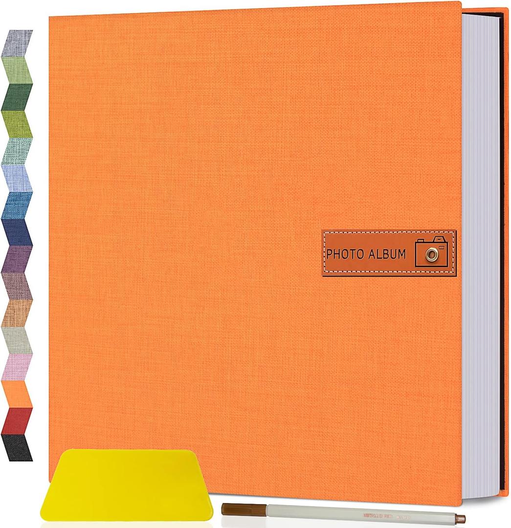 Popotop Large Photo Album Self Adhesive 4x6 5x7 8x10 Scrapbook Album DIY Picture Book,Gifts for Mom,Family Baby and Wedding,with Metal Pen and Plastic Board (Orange)