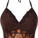 SOLY HUX Women's Lace Trim Floral Embroidery Cami Crop Tops Tie Backless Halter Top (Medium)