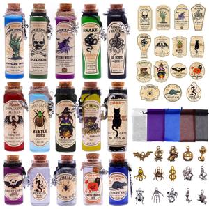 99 Pcs Apothecary Bottles Set with Halloween Stickers & Pendants - Tiered Tray Decor for Indoor Halloween Party Supplies