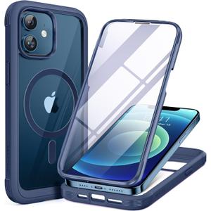 Miracase Glass Series Designed for iPhone 12/12 Pro 6.1 Inch, Upgrade Full-Body Magnetic Case with Built-in 9H Tempered Glass Screen Protector, with Camera Lens Protector, Magnetic Blue