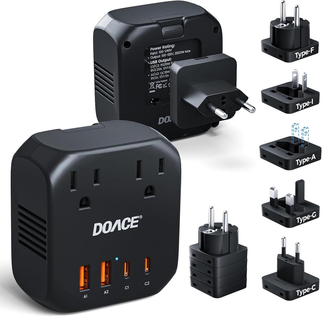 DOACE 2000W Voltage Converter US to Europe - 220V to 110V Converter for European Travel, Power Converter Adapter Combo with 2 PD/2 QC/EU/UK/AU/IT Travel Plugs for Hair Dryer Laptop, Camera, Cell Phone
