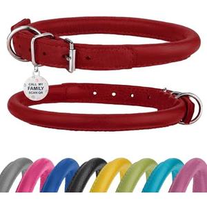 BRONZEDOG Rolled Leather Dog Collar Round Rope Pet Collars for Small Medium Large Dogs Puppy Cat Red Pink Blue Teal Brown Rose Green (Neck Size 16'' - 18'', Red)