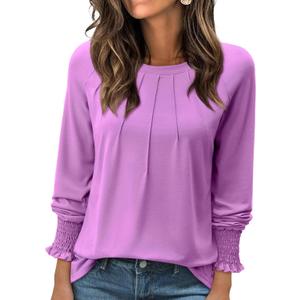 Long Sleeve Shirts for Women 2026 Spring Dressy Casual Blouses Pleated Crewneck Tunic Tops for Leggings Cute Tee (M)