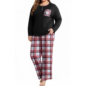 FLYCURVY Plus Size Women's Pajama Sets 2 Piece Long Sleeve Sleepwear Soft Pj Set Loungewear Plaid Pjs with Pockets XL-5XL Black