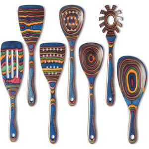 Gudamaye Pakka wood 7-Piece Blue Wooden Cooking Utensils, Wooden Spoons for Cooking, Wooden Spoon Set, Wooden Kitchen Utensil set, Pakkawood Cooking Spoons, Non-Stick Spoon,Pakkawood kitchen utensils