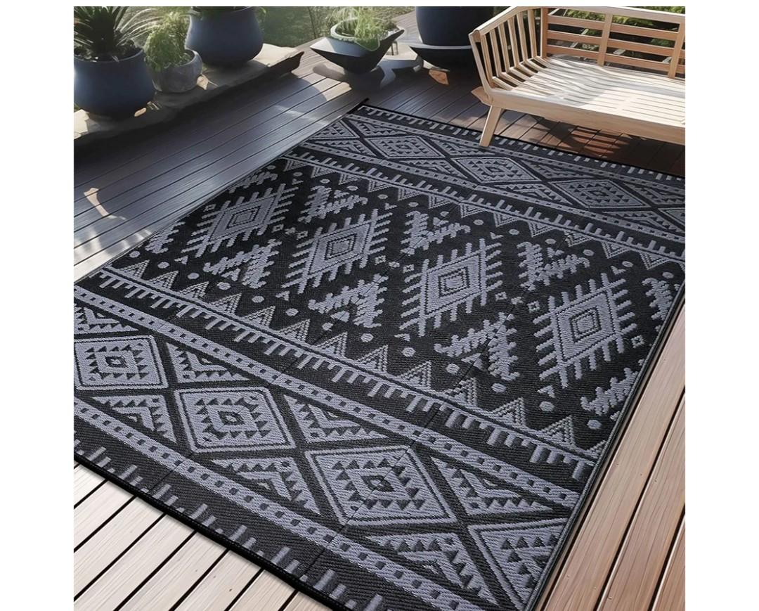 OLANLY Outdoor Rug Waterproof 6x9 ft, Reversible Outdoor Plastic Straw Rug, Boho Patio Rug, Indoor Outdoor Carpet, RV Mat Outside for Patio, Camp, Picnic, Balcony, Deck, Backyard, Black & Grey