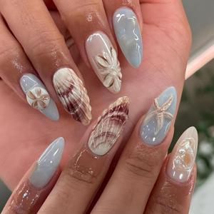Summer Ocean Press on Nails Almond Medium Fake Nails with 3D Shells Starfish Pearl Flowers Designs Acrylic Artificial Nails Light Blue False Nails Hawaiian Beach Vacation Glue on Nails for Women 24Pcs (style18)