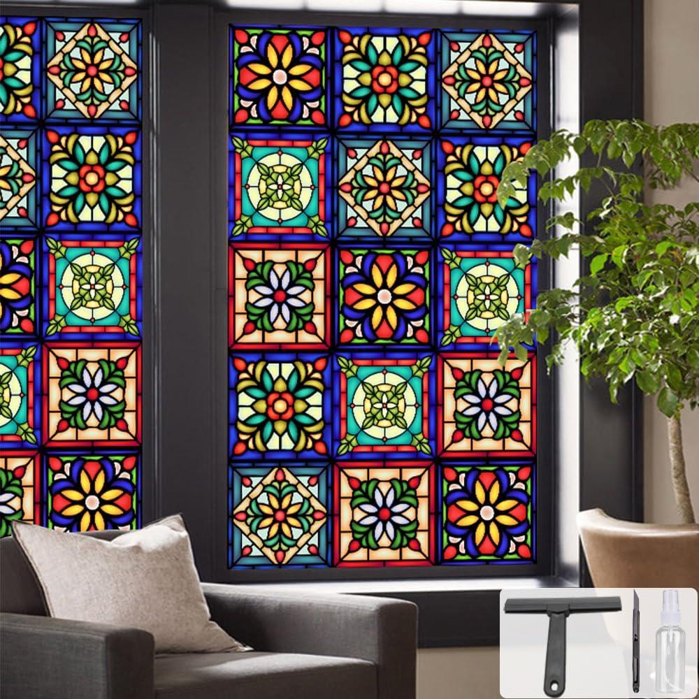 Window UV Protection Privacy Film:Non-Adhesive Static Cling Decorative Window Film with Installation Tools,Stained Glass Window Film for Kitchen,Study,Bathroom,and Shower Doors,17.7 x 39.4 inches.