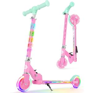 BELEEV Scooters for Kids with Light-Up Wheels & Stem & Deck, 2 Wheel Folding Scooter for Girls Boys, 4 Adjustable Height, Lightweight Kick Scooter with Kickstand for Children Ages 3-12 (Teal Pink)