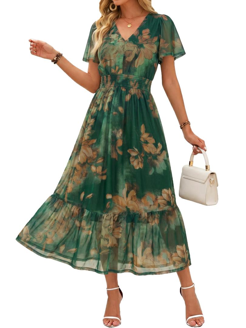 Simplee Womens Floral Boho Maxi Dress - Spring Summer Beach Church Formal Tea Party Dresses Casual Elegant Semi Formal Flowy Dress (Dark Green Floral M)