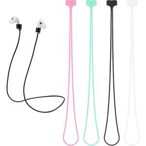 4PCS Earbud Lanyard, Soft Silicone Magnetic Anti-Lost Straps, Ultra Strong Metal for Wireless Earbuds Sports Running (Black, White, Green and Pink)