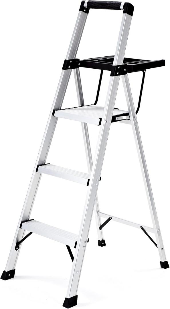 Rubbermaid 3-Step Ladder, Aluminum Lightweight Folding Step Stool with Project Tray, Silver, Tested to US Safety Standards, No Assembly Required