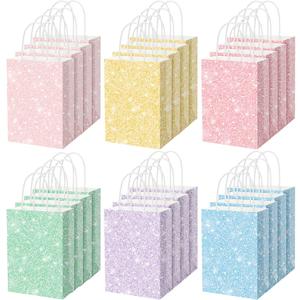 SilTriangle 24 Pcs Glitter Pastel Party Favor Bags with Handles Pastel Christmas Gift Bags Bulk Colored Paper Goodie Packaging Birthday Holiday Party Supplies, 5.91 x 3.15 x 8.27 Inches, 6 Color