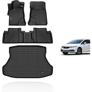 KELCSEECS Floor Mats Custom for Honda Civic & Civic Si 2012 2013 2014 2015 Only Sedan (Not Coupe) Car Mats All Weather Guard TPE Automotive Liners Front& Rear Row Accessories Black