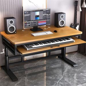 KWOKING Office Computer Desk with Organized Wiring & Keyboard Shelf Workbench Electronic Piano Midi Keyboard Music Production Recording Studio Hand-cranked Lifting Table Oak 55" L x 24" W x 30" H