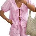 Trendy Queen Short Sets Women 2 Piece Summer Vacation Beach Outfits Going Out Matching Clothes Cute Striped Tie Front Tops (Pink, L)