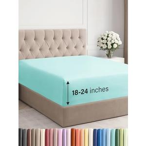 Extra Deep King Fitted Sheet - Hotel Luxury Single Fitted Sheet Only - Easily Fits 18 inch to 24 inch Mattress - Ultra Soft, Wrinkle & Fade Free w/Extra Deep Pockets - Breathable & Comfy - Spa Blue