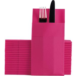 Fuchsia Dinner Napkins Cloth Like with Built-in Flatware Pocket, Linen-Feel Absorbent Disposable Paper Hand Napkins for Kitchen, Bathroom, Parties, Weddings, Dinners or Events, 1/8 Fold, Pack of 50