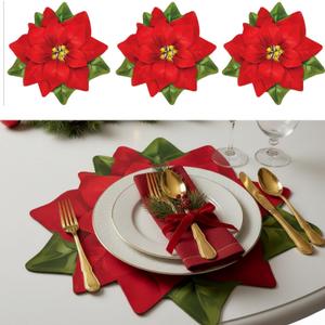 Remerry 6 Pcs Leather Christmas Poinsettia Placemats Poinsettia Shape Table Mats Washable Christmas Placemats Set of 6 for Indoor Outdoor Party Kitchen Winter Dining Table Decor Gifts