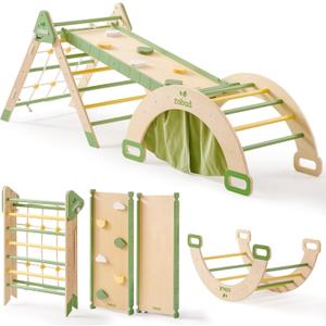 ROBUD 7 in 1 Pikler Triangle Set, Foldable Wooden Climbing Toys for Toddlers, Montessori Foldable Climbing Set with Rope Net, Ramp and Arch Climber for Girls & Boys, 21 Inches X 78.4 Inches X 29.5 Inches