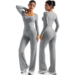 OMKAGI Womens Lounge Set Lace Square Neck Long Sleeve Tops Wide Leg Pants 2 Piece Outfits (Gray, L)