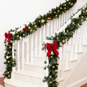 2 Pack Christmas Garlands with Lights, Artificial Pre-lit Garland Christmas for Stairs, 9FT Lighted Garlands with Timer, Battery Operated Christmas Garland for Mantle