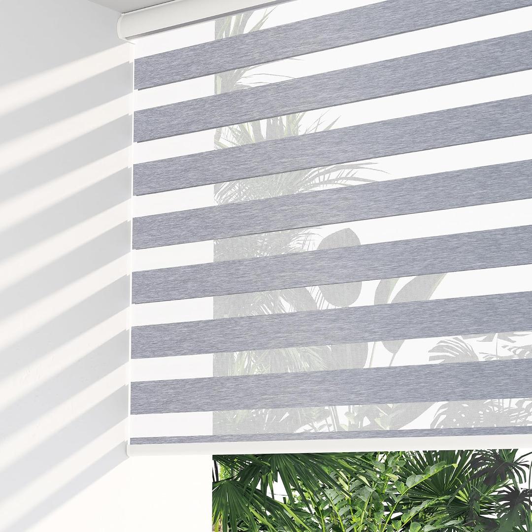 LazBlinds Cordless Zebra Blinds for Windows, Free-Stop Roller Windows Shades with Cassette, Light Filtering Dual Layer Sheer Shades for Home and Office, 28" W x 72" H, Grey - Linen