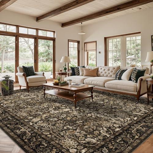 Luxcrest Brown 10x14 Area Rug: Vintage Floral Washable Rugs for Living Room Bedroom Dining Room Under Kitchen Table Office - Soft Non-Slip Stain Resistant Low Pile Carpet Indoor - Brown and Gold