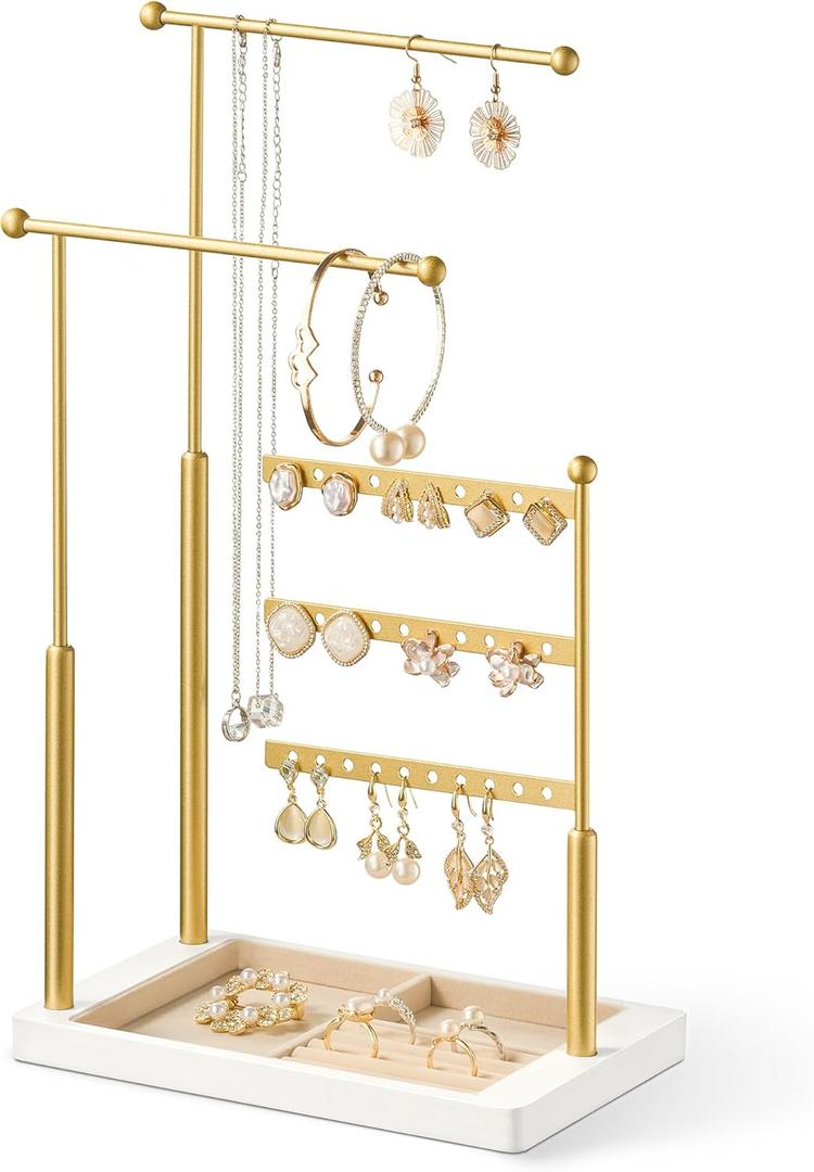 pickpiff Jewelry Organizer Holder Stand: 3 Tier Jewelry Storage Display for Necklace, Bracelet, Earring, Ring, White & Gold