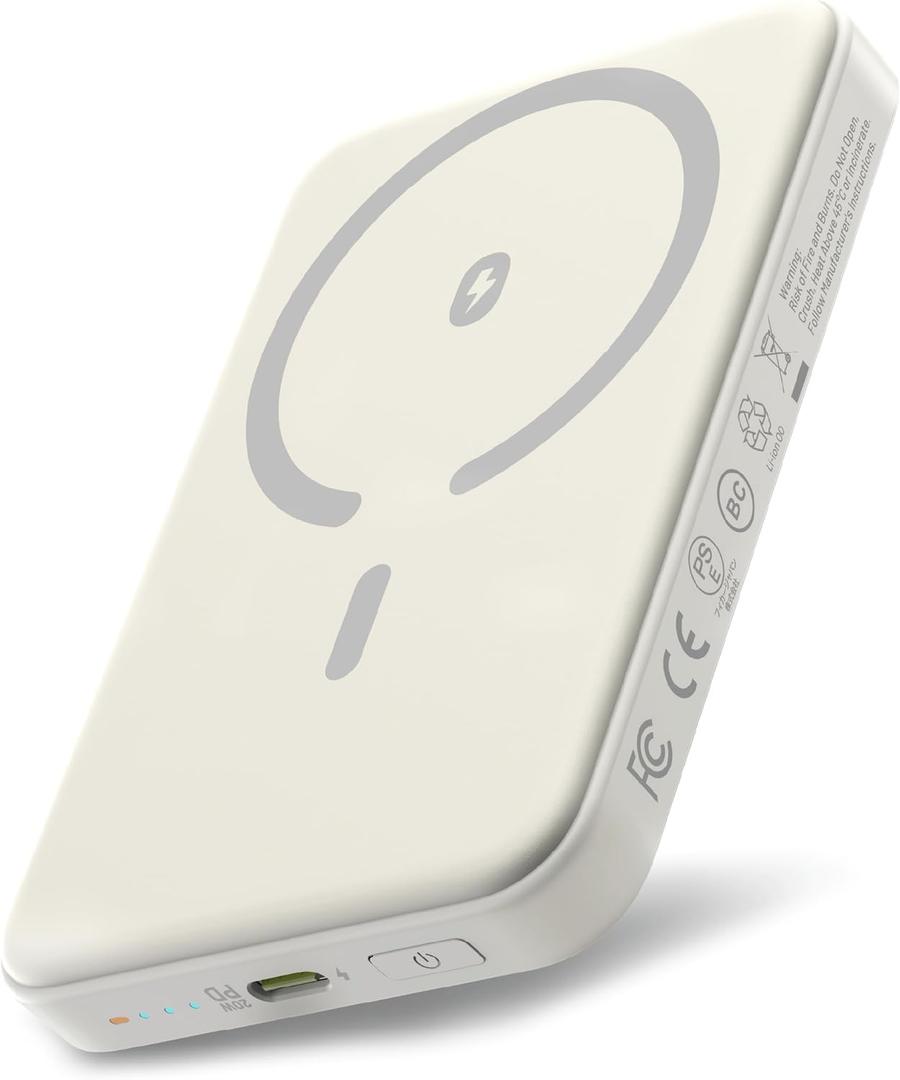 Magnetic Power Bank for iPhone 17, 5000mAh MagSafe Portable Charger, 0.5'' Slim Wireless Power Bank with USB C Cable, Travel Essentials MagSafe Battery Pack for iPhone 17/16/15/14/13/12, White