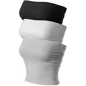 MixMatchy Women's 3 Pack Casual Summer Ruched Side Backless Double Layered Tube Top with Built in Shelf Bra, Medium