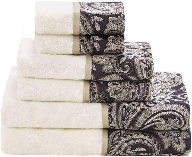 Madison Park Aubrey 100% Cotton Luxurious Bath Towel Set Highly Absorbent, Quick Dry, Jacquard Paisley Design, Hotel & Spa Quality for Bathroom Decor, Multi-Sizes, Black 6 Piece