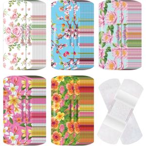 Threlaco 120 Pcs Fabric Adhesive Flexible Bandages Bulk Assorted Shapes and Patterns Small Colorful Pretty Fabric Bandages with Non Stick Pad 3 x 1 Inch for Cuts Wound Scrapes Women(Floral)