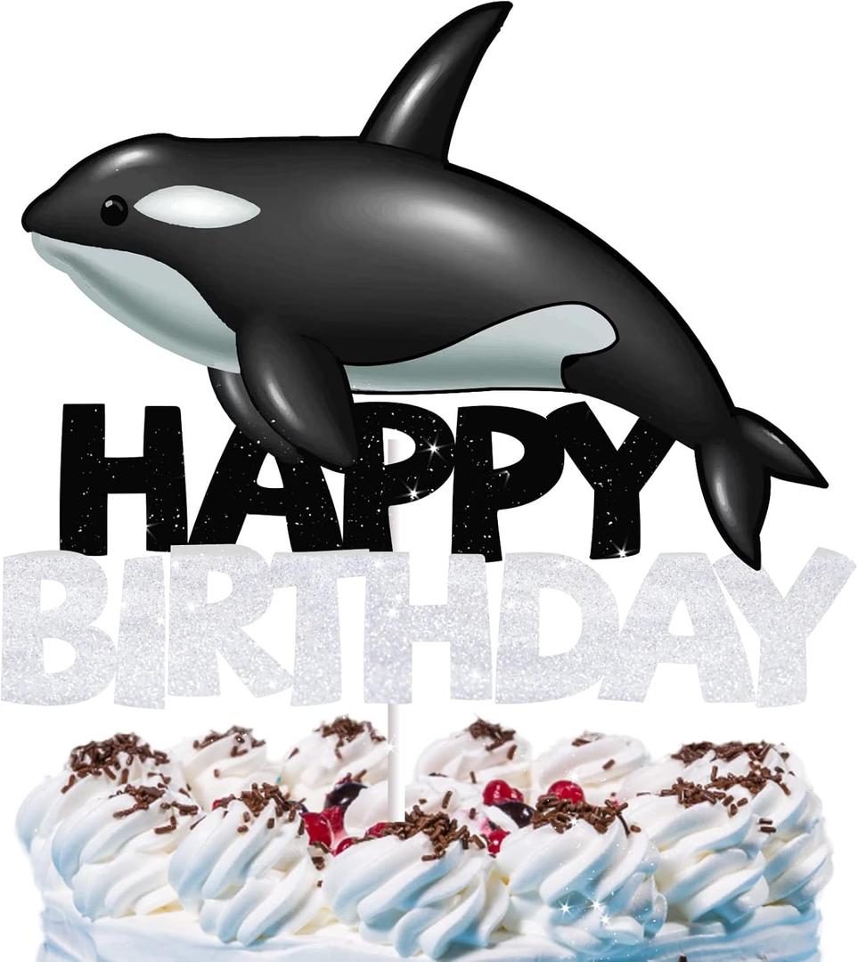 Killer Whales Cake Topper for Boys Girls Baby Shower Whales Happy Birthday Cake Decorations Ocean Cute Animals Theme Party Supplies Fish Glitter Cake Decor