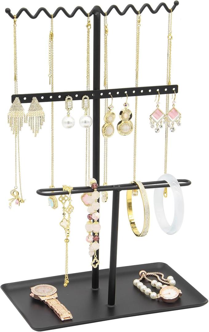 Jewelry Organizer Stand, Metal Jewelry Holder with Tray for Necklaces, Earrings, Rings Durable Rustproof Storage Display Aesthetic Room Decor for Women (Black)