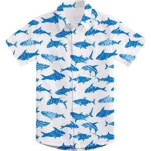 RAISEVERN Boys Button Down Shirts Hawaiian Cartoon Print Slim-Fit Short Sleeve Cool Dress Shirt Cute Top for Kids(2-10T) (White)