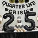 25th Birthday Party Decorations for Women - Black "Quarter Life Crisis" Banner, Number 25 Balloons, Cupcake Toppers, Tablecloth and Tissue Pom Poms - Chic 25th Party Supplies (Black&Gold)