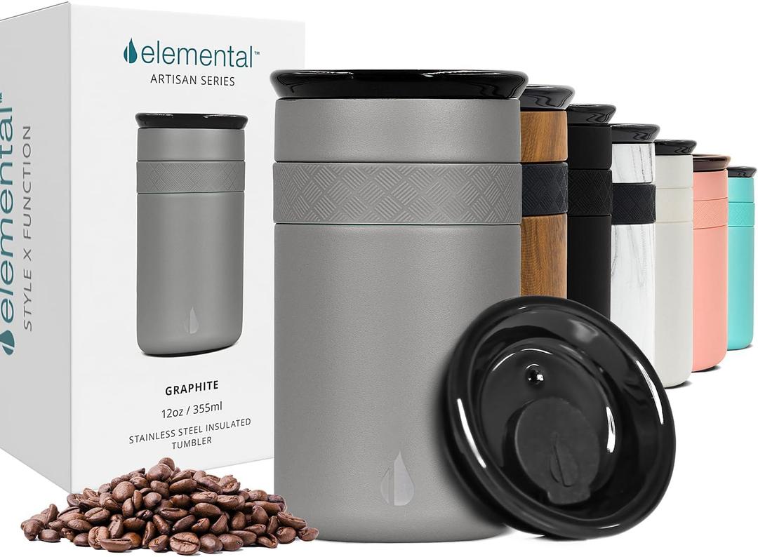 Elemental Artisan Insulated Tumbler, Triple Wall Coffee Travel Mug, Reusable Stainless Steel Coffee Tumbler with Ceramic Lid, Thermal Coffee Cups for Hot (6 Hrs) & Cold (18 Hrs), 12oz - Graphite