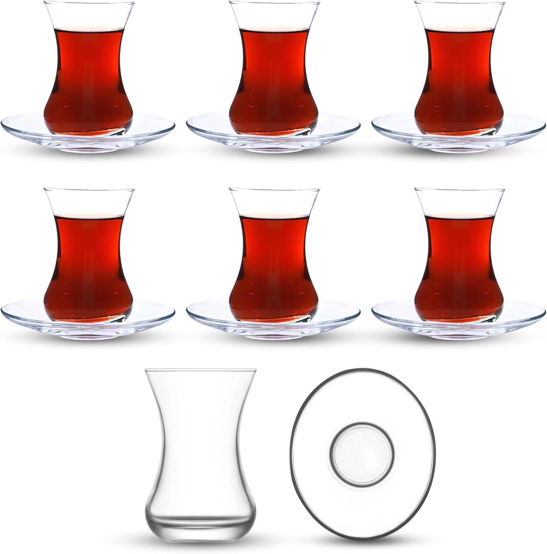 Turkish Tea Glass Set, Big Size, Slim Waist Design with Thick Base Prevent Tea From Getting Cold, Easy to Keep for 6 People, 6 Elliptical Saucers, 6 Glasses, Useful Set (12 Pieces)